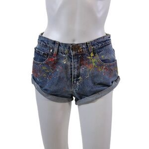 One by One Teaspoon Womens Cotton Paint Splatter Zip Denim Shorts Blue Size XS
